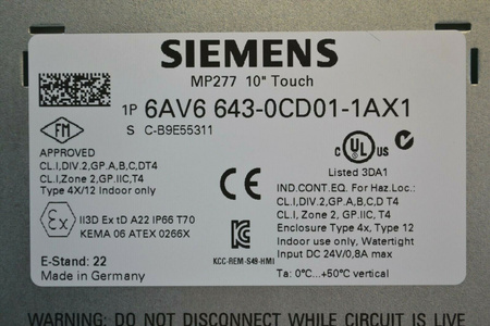 Siemens 6AV6643-0CD01-1AX1 SIMATIC MP277 10" Panel dotykowy