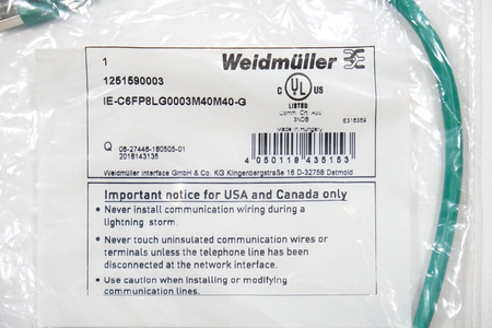 Weidmüller 1251590003 IE-C6FP8LG0003M40M40-G x 5 pieces Patch cable NEW!