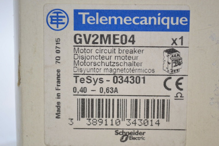 Telemecanique Schneider GV2ME04 0.4-0.63A 034301 Motor Protection Switch NEW!