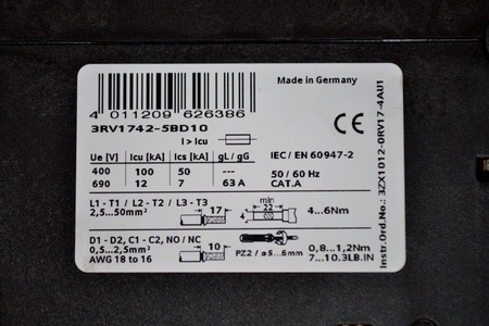 Siemens 3RV1742-5BD10 Sirius circuit breaker motor - contactor Circuit Breaker