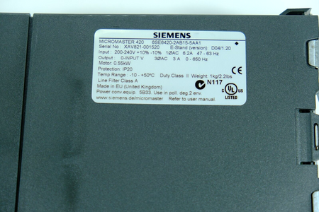 Siemens Micromaster 6SE6420-2AB15-5AA1 + 6SE6400-0BP00-0AA0 Frequency Converter